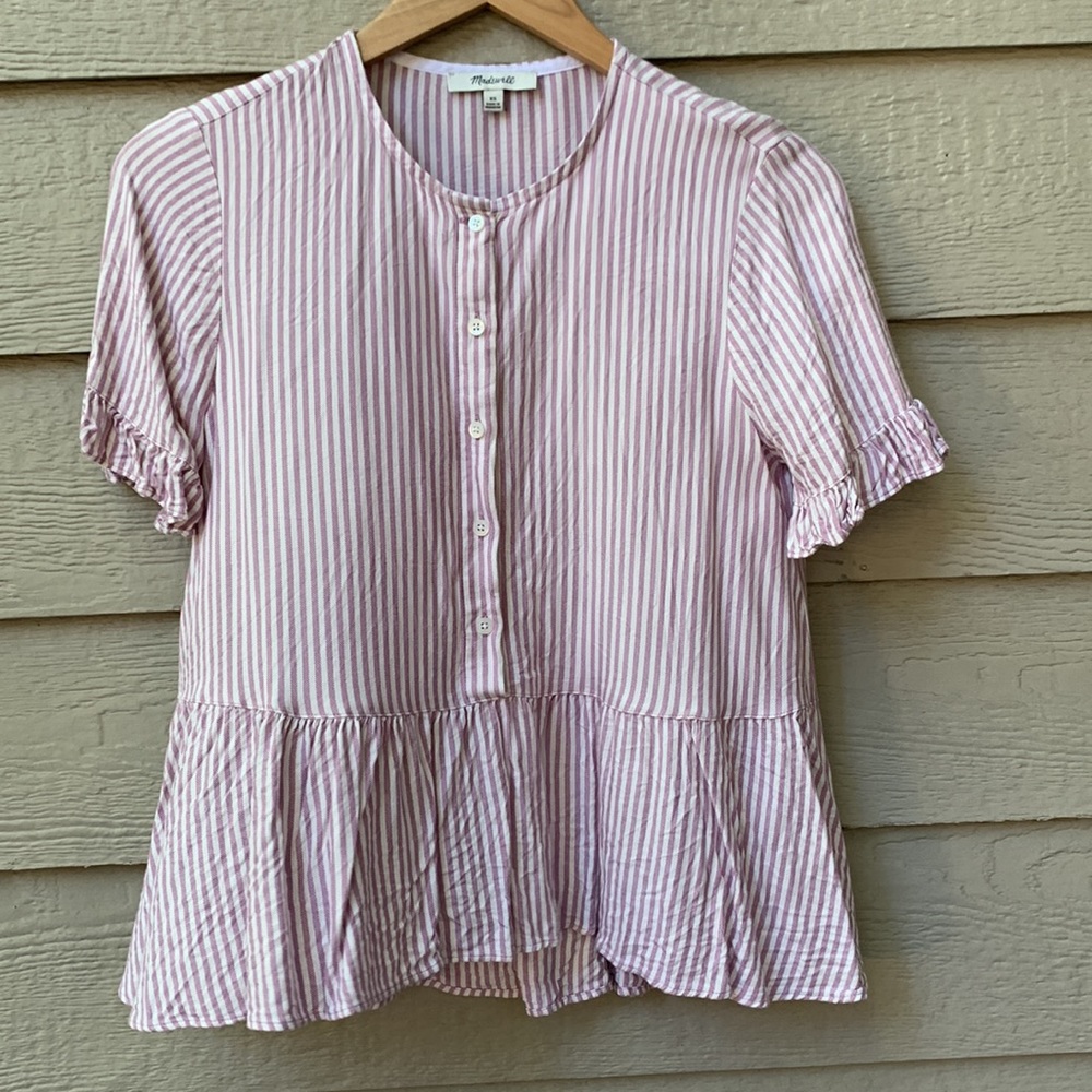 Madewell Studio Ruffle Hem Top Lavender Stripe Button Up Peplum Top - Picture 7 of 9